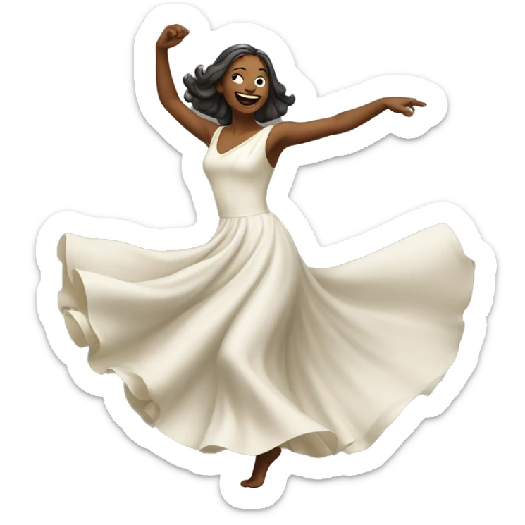 An emoji of a dancing woman wearing a flowing dress, mid-dance with one arm raised and a joyful expression sticker
