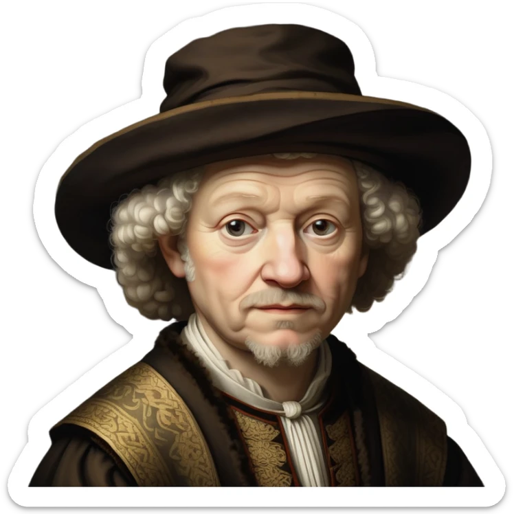cinematic-portrait-of-rembrandt,-shown-as-a-master-artist-with-deep,-introspective-eyes-and-richly-detailed-period-clothing,-rendered-with-dramatic-chiaroscuro-lighting-that-emphasizes-his-legacy sticker
