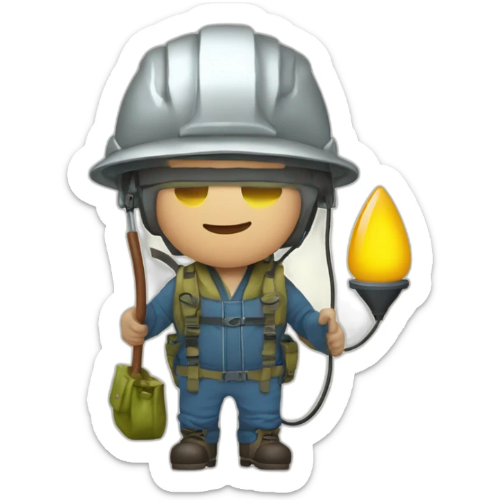 Homme en cuissarde de pêche avec un casque une lampe à huile et un sac speleo sticker