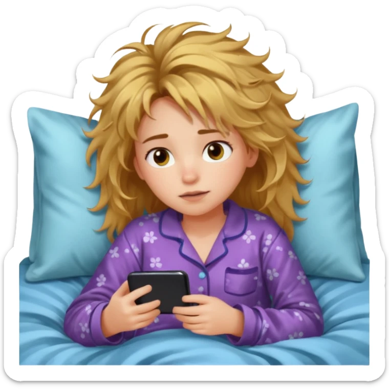 Girl lying in bed, wanting to sleep but not wanting to, staying up late playing with her phone sticker
