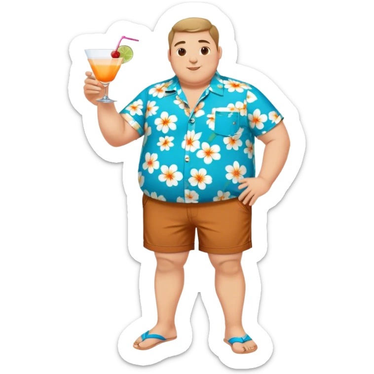 chubby guy full figure in a flowered azure havai shirt, brown shorts and flippers holding a cocktail sticker