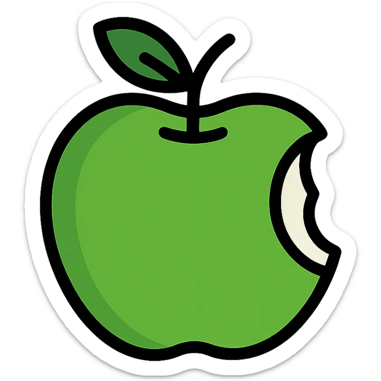 green apple with a bite taken out of it, looking fresh and slightly sour, clean modern style sticker