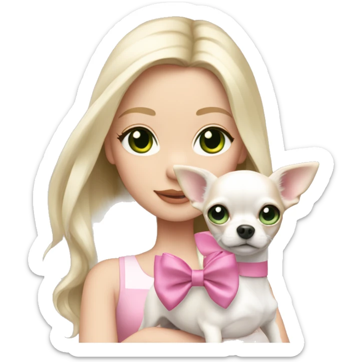 pale blond girl with long platinum hair with green eyes holding a white chihuahua puppy that wearing a pink bow sticker