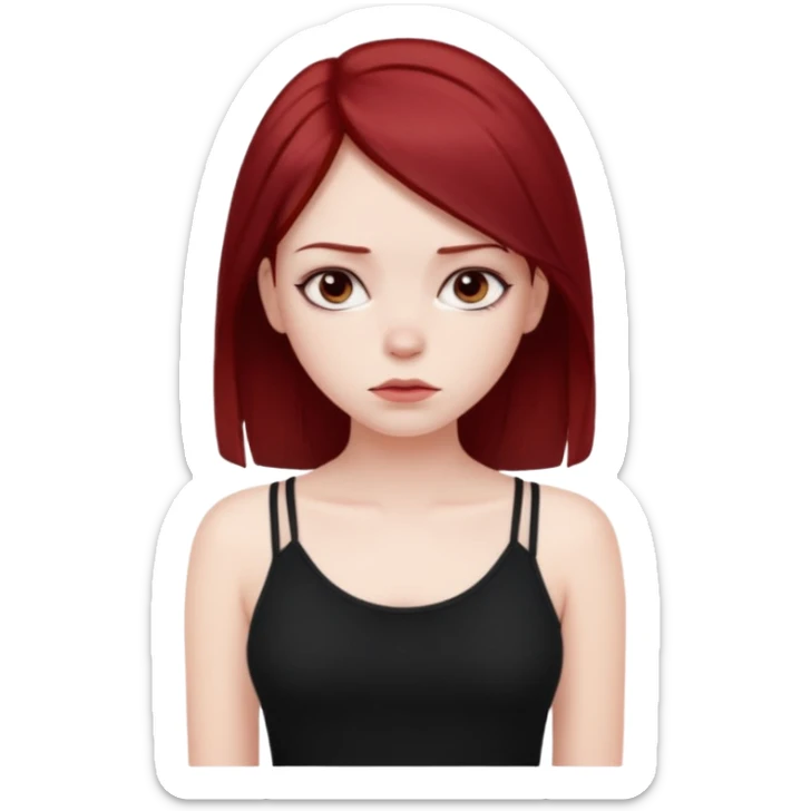 a pretty bratz fair girl with dark red straight hair, black cami top, looking sad sticker