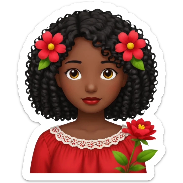 A girl with shoulder-length curly hair, dark skin, and black hair is wearing a red blouse with flowers. sticker