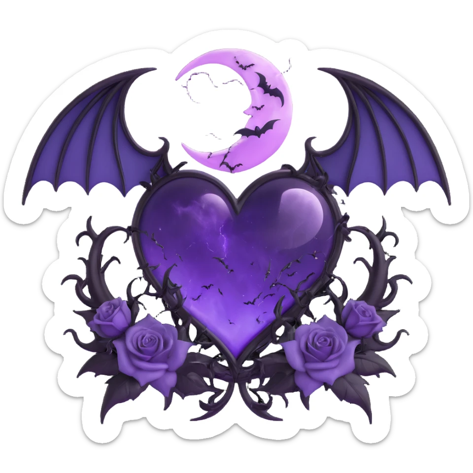 gothic heart purple glass crescent moon black roses devil horns tail bat wings radiant stardust double lightning bolts stormy rain splintered glass sticker