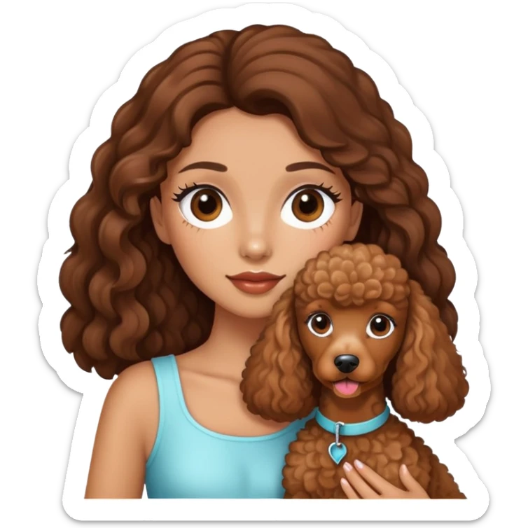 girl with long brown hair and long lashes, holding a brown poodle sticker