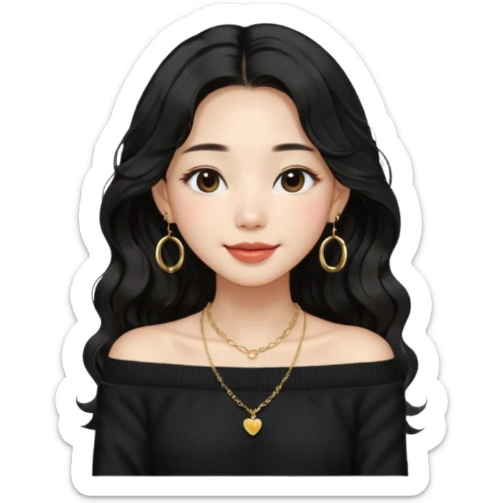 A South Korean girl with long, dark black wavy hair with middle part and layers. She is wearing a black off the shoulder long sleeve knit sweater, small gold hoop earrings and thin gold necklace. She is sweet and smiling with lips together sticker