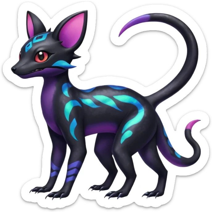 Rare epic aesthetic colorful Salandit-Noibat-Umbreon-Civet-species-Fakemon-hybrid-creature, with markings, full body sticker