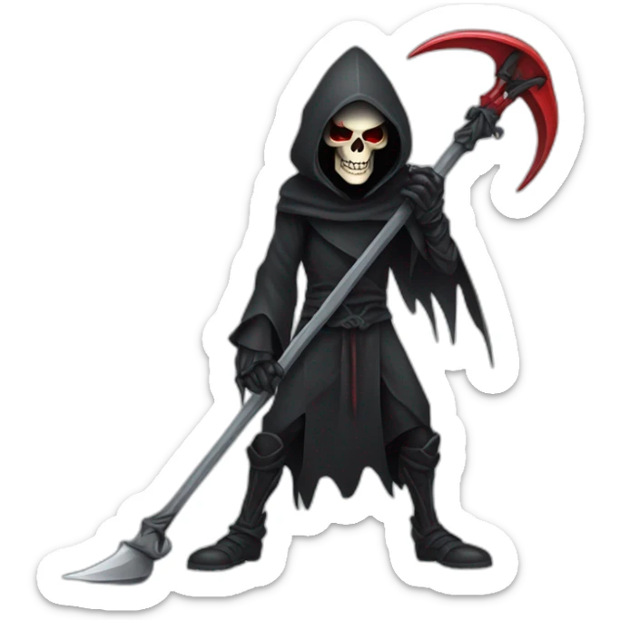 a cartoon character of Grim Reaper holding a scythe, crown, skull, hood, red eyes sticker