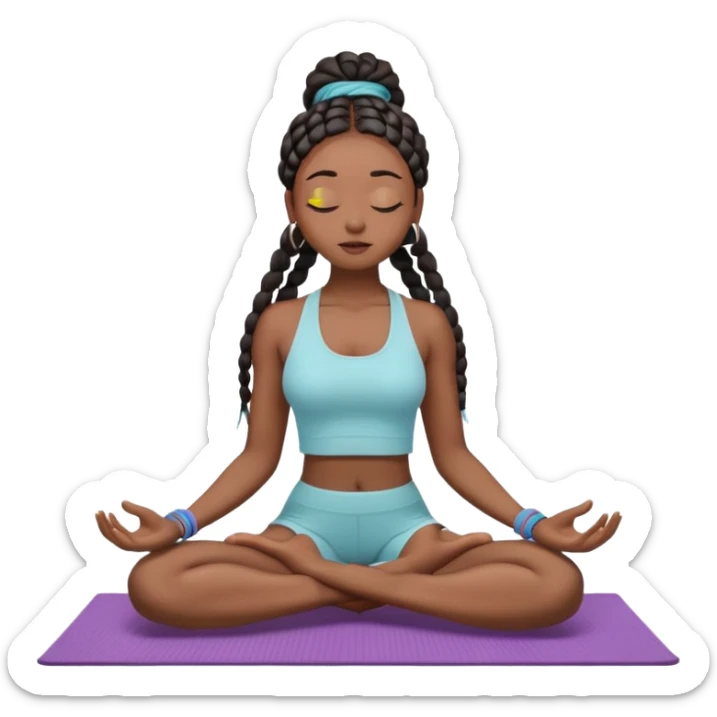 A dark-skinned Black woman with long box braids, sitting cross-legged on a yoga mat, eyes closed, hands on knees, wearing a fitted yoga set. sticker