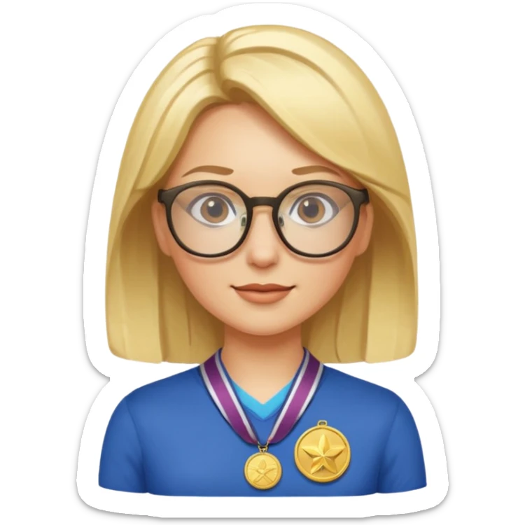 Describe a blonde woman wearing glasses with a gold medal sticker