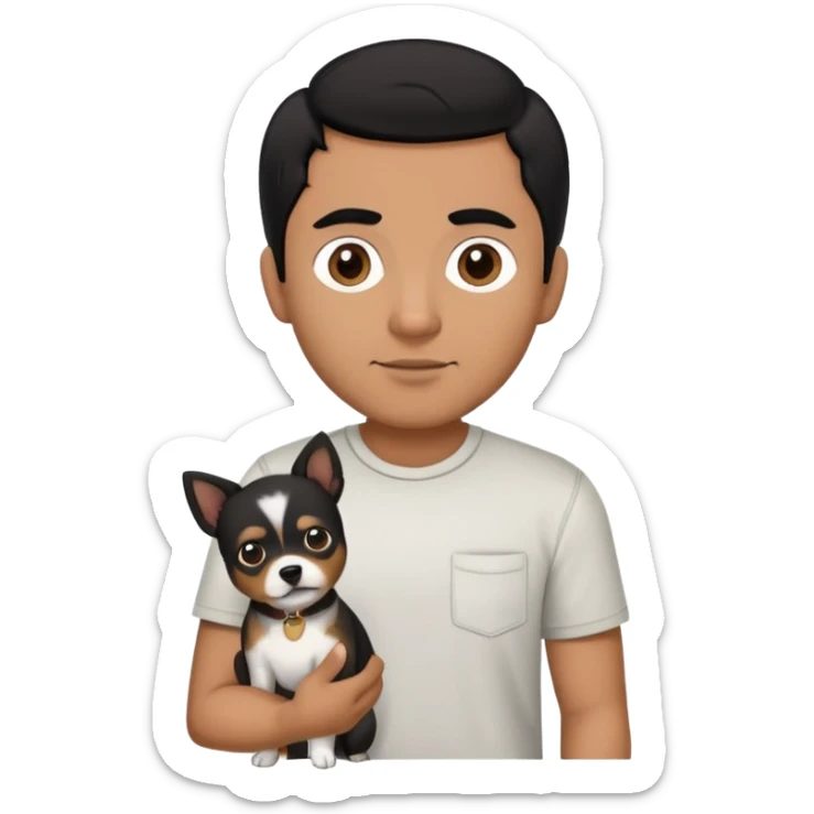 Mexican man with black hair and brown eyes wearing a shirt and black pants, holding a small white dog with one brown ear sticker