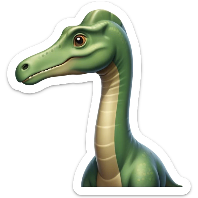 Beautiful and Majestic Brachiosaurus Portrait Emoji, Head and body resting in serene repose with a gentle, confident expression, showcasing its monumental, elongated neck and a small, refined head with tranquil eyes, Simplified yet exquisitely endearing features, highly detailed, glowing with a soft, drowsy golden light, high shine, relaxed and utterly majestic, stylized with an air of timeless prehistoric splendor, soft glowing outline, capturing the essence of a beautiful and majestic Brachiosaurus that feels destined to become the next viral icon of awe-inspiring ancient beauty! sticker