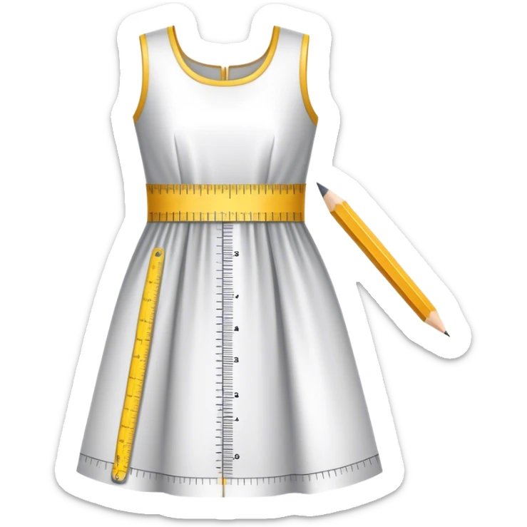 Icon for Fashion Design: a dress pattern with measurements, a ruler and a pencil. The icon should represent the process of designing clothing with a focus on precision and tailoring. Transparent background. sticker