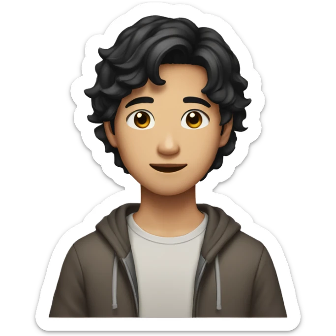 Teen boy type asian, Light brown skin, with long wavy black hair Little bit dezoom sticker