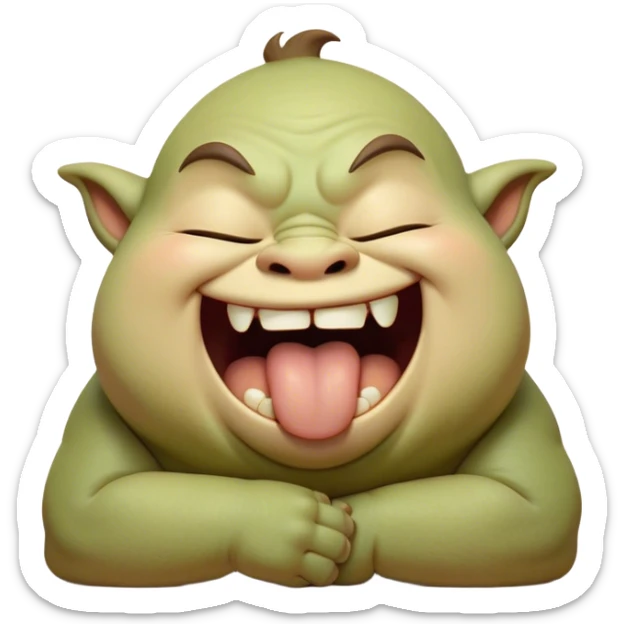 Cinematic Cute Yawning Ogre Portrait Emoji, with a surprisingly cuddly, rotund figure in soft earthy greens and browns, head tilted back in a big, gentle yawn exposing a set of comically oversized teeth, simplified yet irresistibly adorable, highly detailed with a soft glowing outline that captures the sleepy charm of a friendly ogre after a long day of gentle mischief! sticker