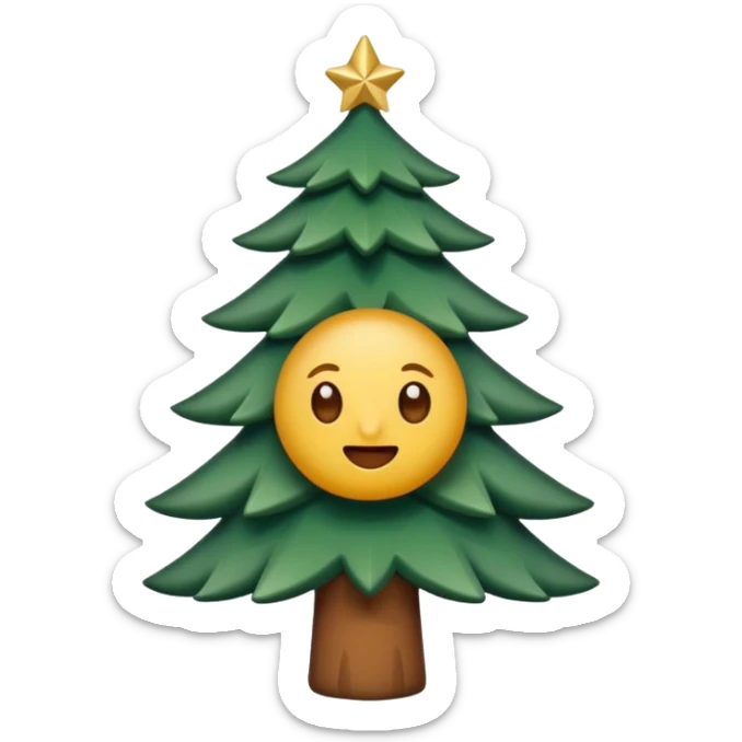 Un emoji représentant un petit sapin stylisé, sans bouche, avec deux grands yeux de biche brillants couleur cannelle. Style minimaliste, mignon et expressif, comme un sticker ou un emoji moderne. Fond parfaitement transparent, haute qualité, bien centré. sticker