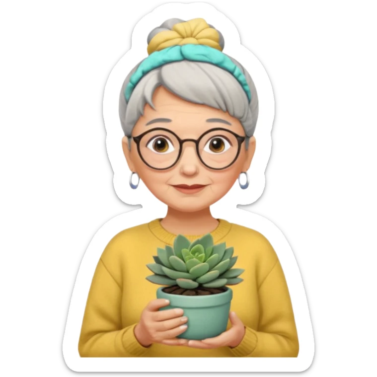 Abuela con cabello canoso en moño, expresión tierna, gafas redondas, suéter amarillo y detalles relacionados con plantas. Estilo amable y acogedor. sticker
