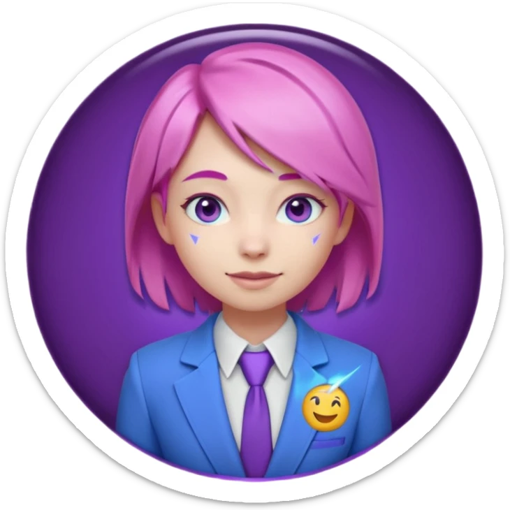 Cute 3D emoji-style girl sexy character with pink hair and purple eyes, inside a circular badge. No hands, no pose. Clean purple suit with a glowing neon-blue ‘C’ logo on the chest, small lightning accent. Smooth Apple-style lighting, friendly expression sticker