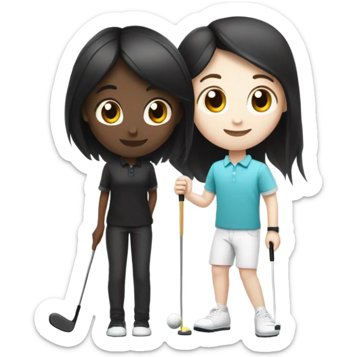 white skin black long hair girl and white skin black hair boy playing mini golf  sticker