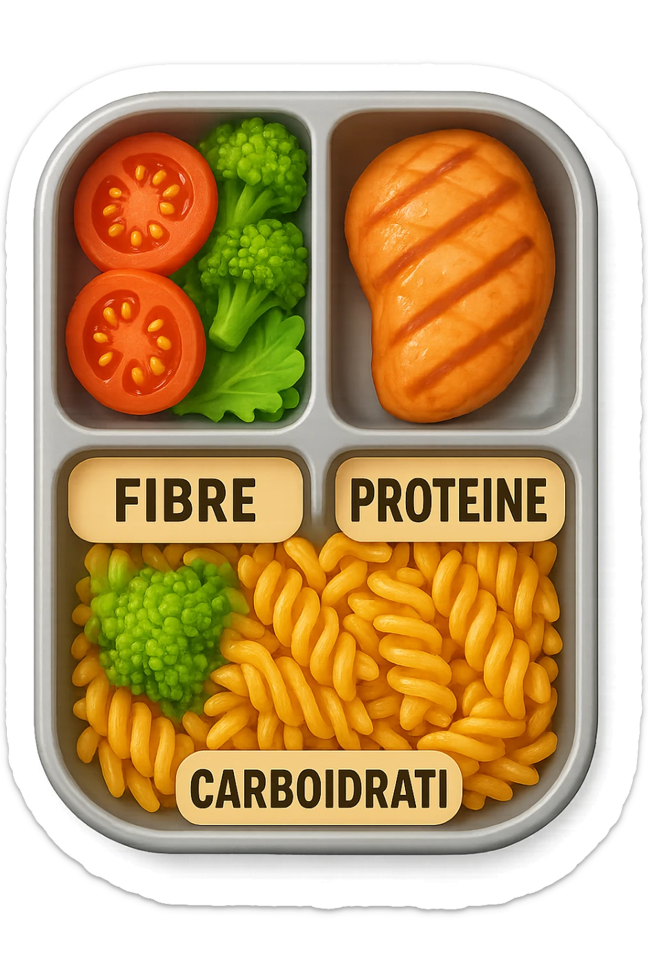 EMOJI STILE IPHONE DI una schiscetta vista dall'alto con 3 porzioni ben distinte: nelle porzioni scrivi le parole FIBRE, PROTEINE, CARBOIDRATI, iperrealistica 4k sticker