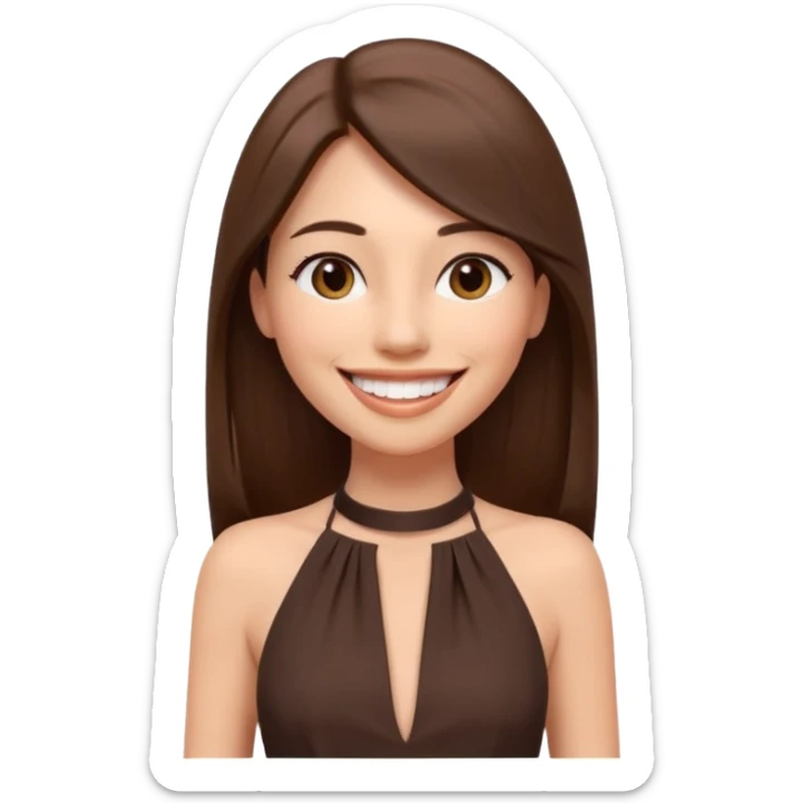 emoji-style illustration of a stylish pretty big smile woman with long straight brown hair, wearing a dark halter neck dress, elegant and minimalistic look, front-facing, soft 3D cartoon rendering, plain background sticker