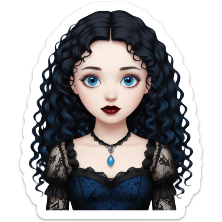 A girl with a dark red goth vampire look in a black goth lace dress with long sleeves longer black curly hair sticker