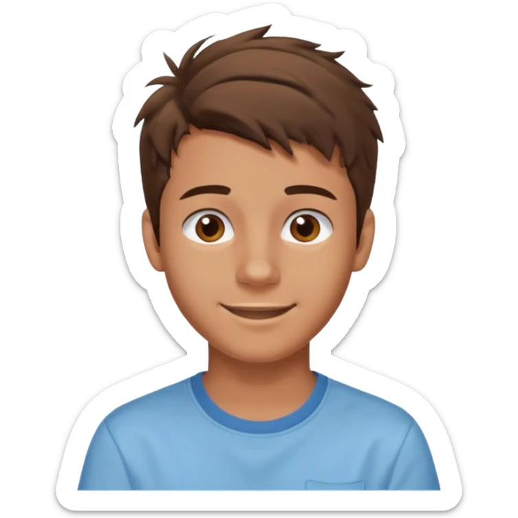create an emoji of a teenage man, very very slightly tanned face, smile. he has an cool look, very messy brown hair, dark brown eyes, natural lips. he wears a short sleeve light blue shirt sticker