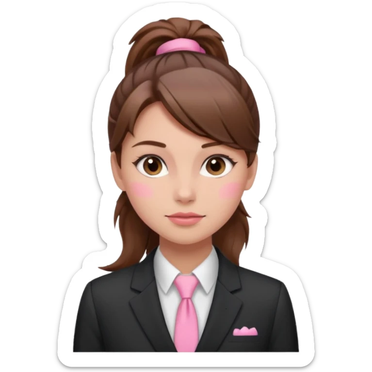 girl with brown hair in a ponytail in the middle with pink blush on her face and a suit sticker