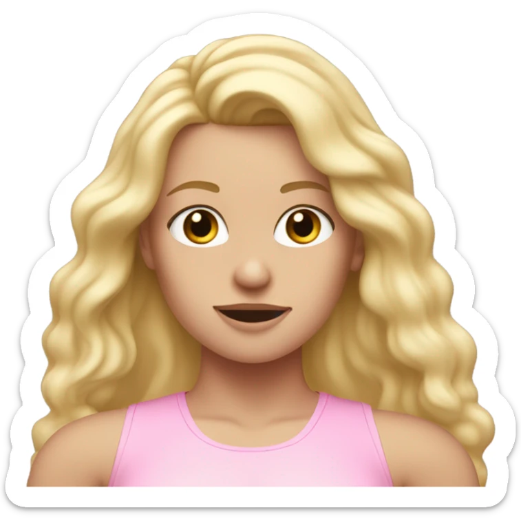 White woman, long hair, blonde hair, wavy hair, baby pink workout clothes, sweaty sticker