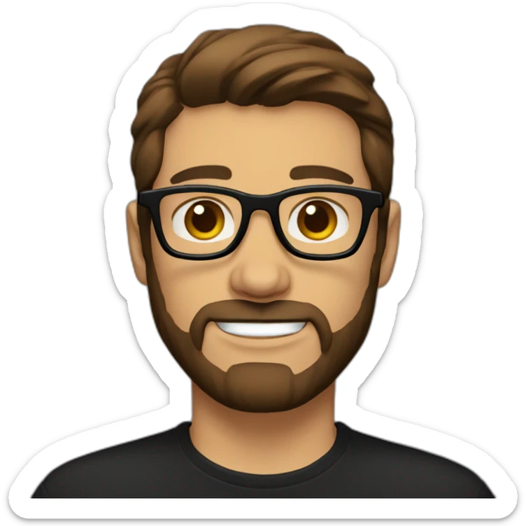 Short brown slicked hair, brown glasses, 3-day beard, black t-shirt. sticker