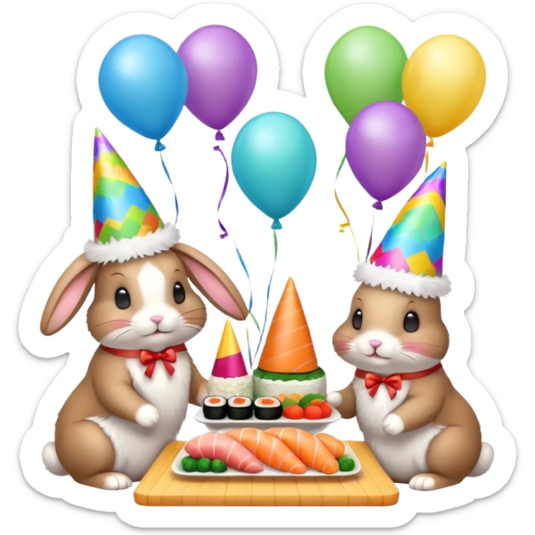 four bunnies together eating sushi at a birthday party, vibrant, balloons, streamers sticker