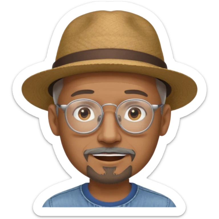 Brown man with wide rimmed hat no hair, gray goatee, clear glasses and slightly smiling sticker