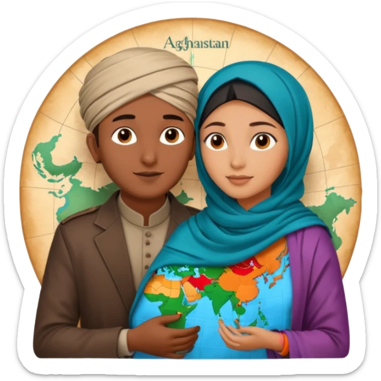 An emotional artistic illustration of an Indian man and an Afghan hijabi girl standing on the maps of India and Afghanistan, symbolically embracing despite the distance, showing love beyond borders. sticker