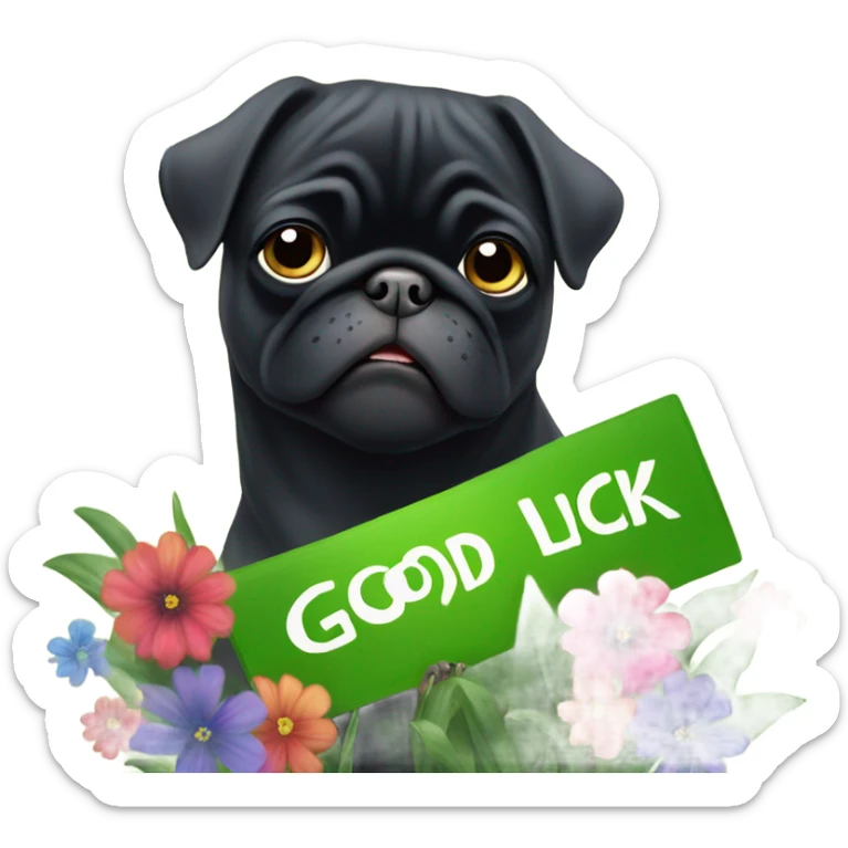 Black pug , surrounded by flowers, holding a green sign that says “good luck”  sticker