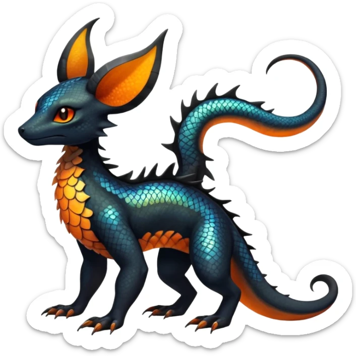 Colorful Iridescent Exotic Black and Orange Salandit-Aurorus-Umbreon-Fakémon-hybrid-creature (full body)  sticker