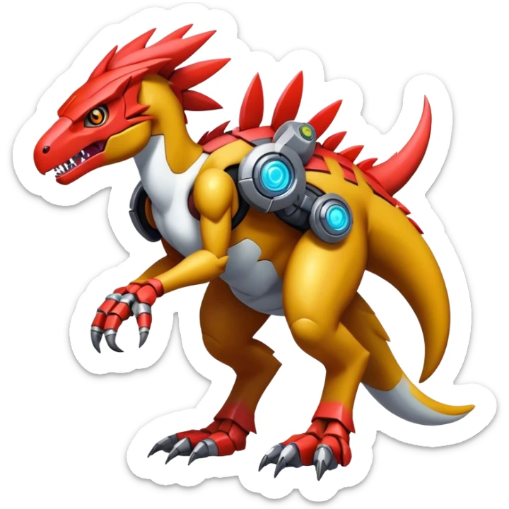 Furry maned Cool Edgy Futuristic shiny colorful cyborg-Digimon-Fakemon-Guilmon-Velociraptor-Mecha full body  sticker