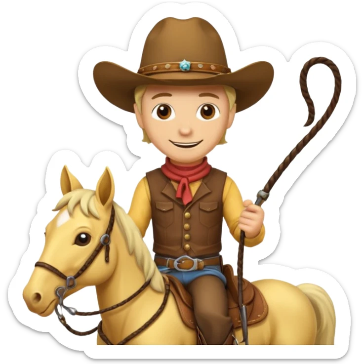 Cowboy riding a horse with whip. With yellow skin and smilling  sticker