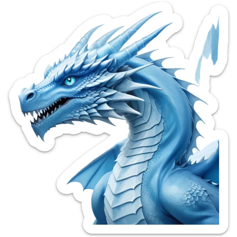 Cinematic Noble wise elegant Ice Dragon Portrait Emoji, Poised and imposing, distinct long elegant snout, with a slender, scaled body shimmering in glacial hues of icy blue, frostbitten silver, and crystalline white, breathing out frost, with piercing, glowing ice blue white eyes that radiate the chilling depths of an arctic storm; rendered in detail. Breathing out a frost mist sticker