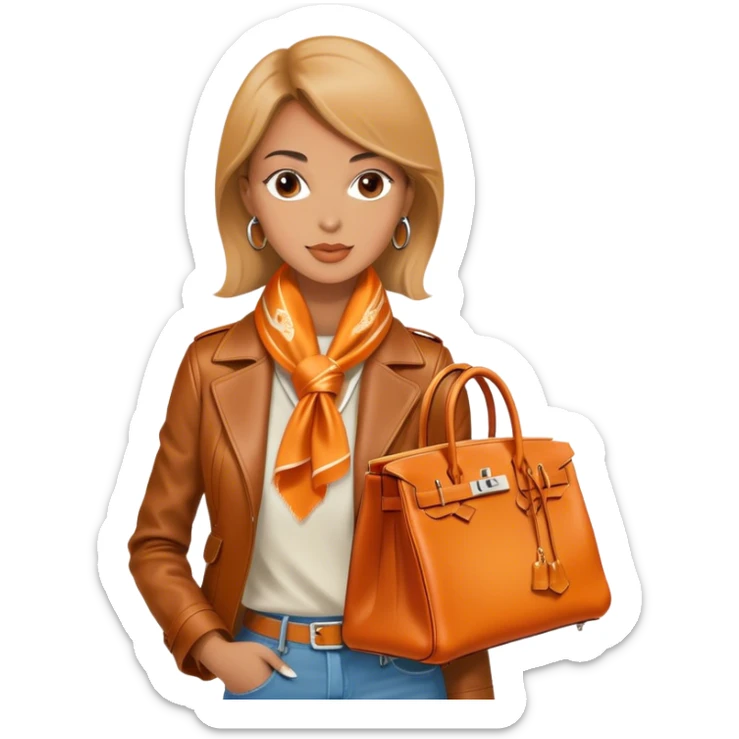 Elegant and tan woman wearing a leather Hermes jacket and a silk scarf around her neck. She has an orange Hermes Birkin Bag. I want the image to be close up, starting from the waist up.  sticker