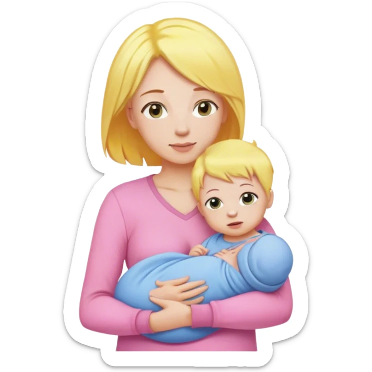 Mother with yellow hair and pink clothes, holding baby in blue clothes sticker