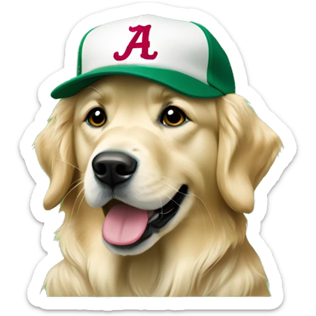 english cream golden retriever wearing alabama baseball cap green background sticker
