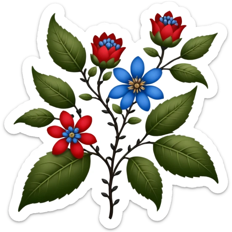 dull green leaves & red & blue flowers filigree design, small fruits, ebony branches, extremely detailed, complex design sticker