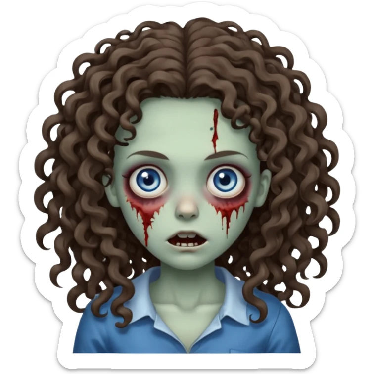 a zombie girl, her hair is curly and brunette but it is long hair and her curls are more open, the color eyes is blue mix grey sticker
