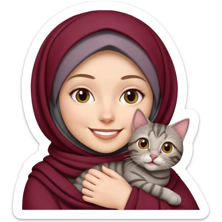 White girl wearing maroon hijab holding a black grey tabby cat while smiling sticker