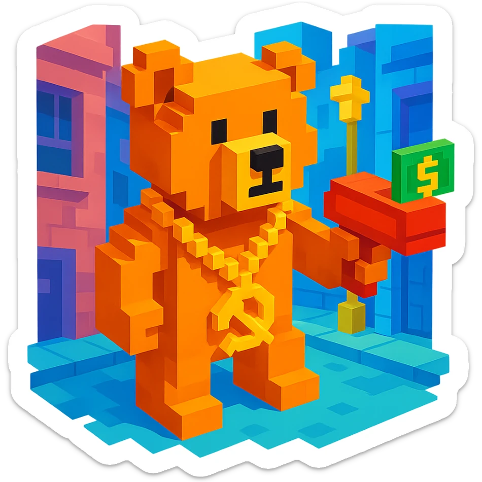 Russian grizzly bear with a rapper chain and a money gun, standing in a city alley sticker