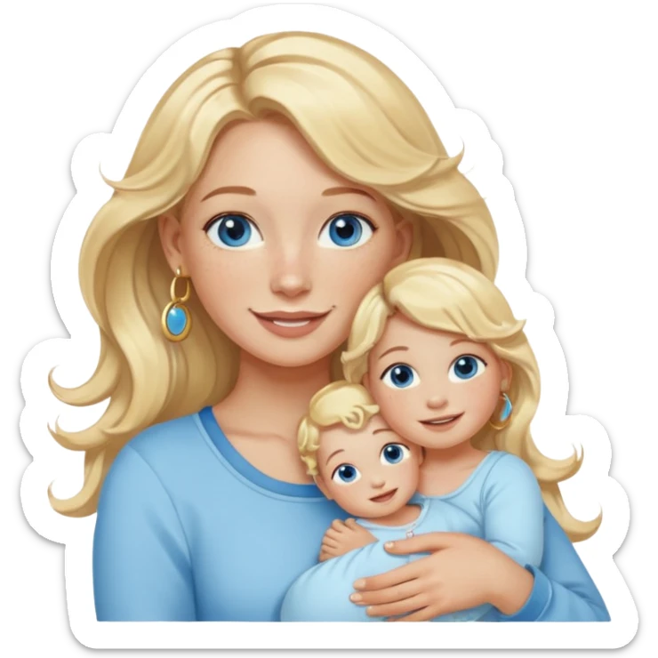 Wavy blonde, white woman with blue eyes, freckles hoop earrings, holding babies smiling and really cute in gold hoops sticker