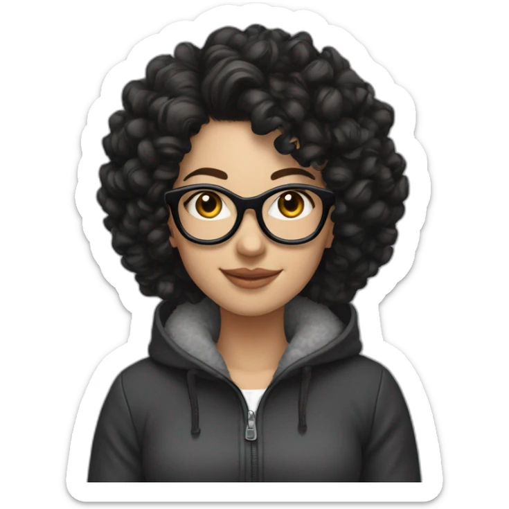 white Girl with black curly hair, ear piercings and smile,fleece jacket and glasses on her head sticker