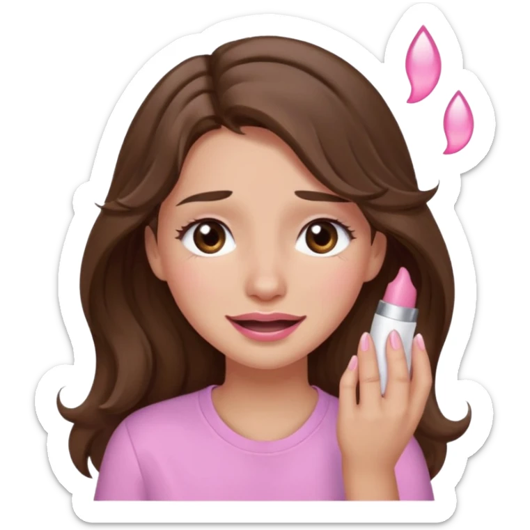 girl with wavy long brown hair, brown eyes, light to medium complexion, long lashes, light pink lipstick, wearing light pink shirt, smiling, crying with big pink tears sticker